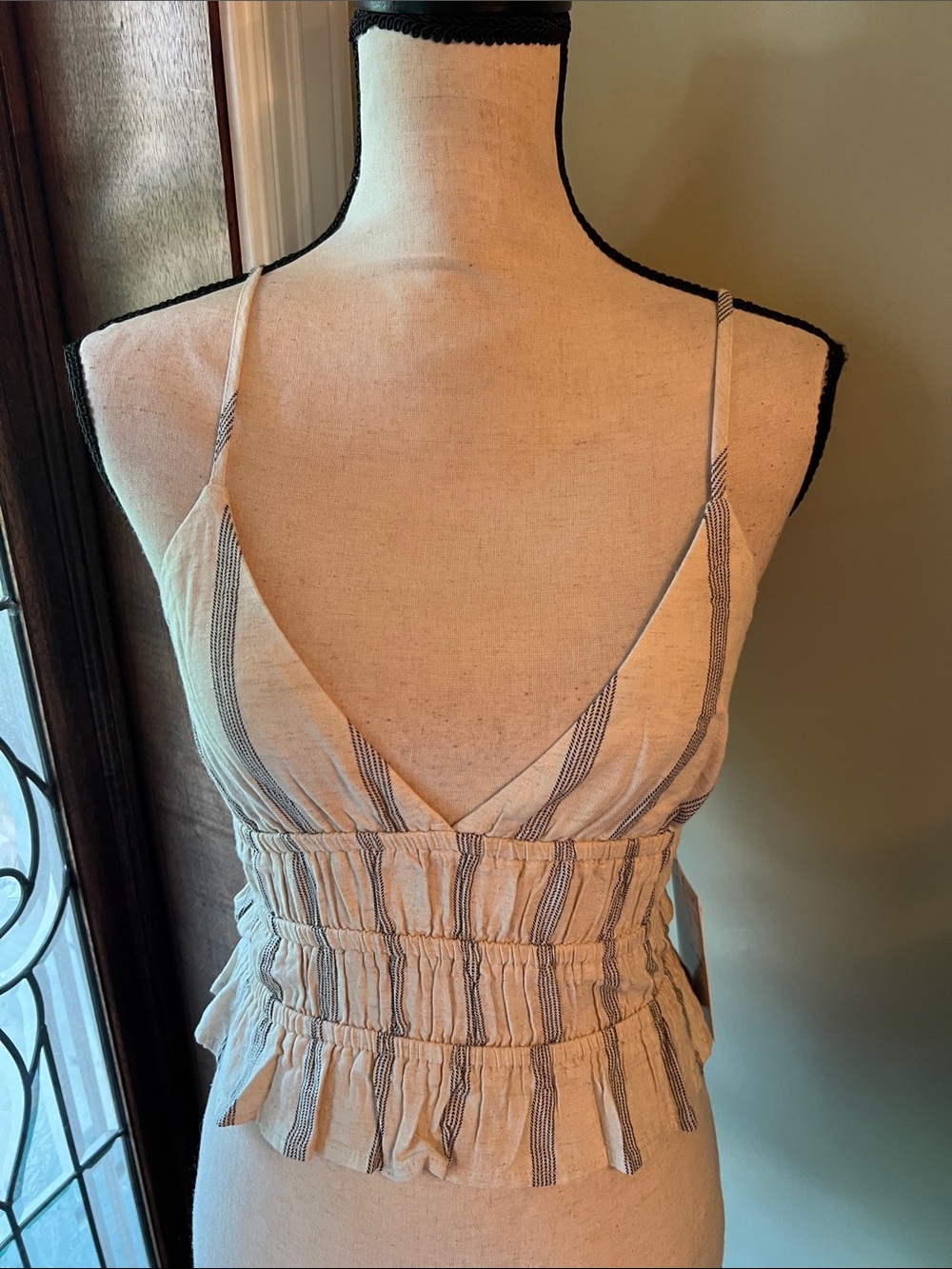 Blenca Striped Smocked Waist Cropped Cami Top - Cream & Navy